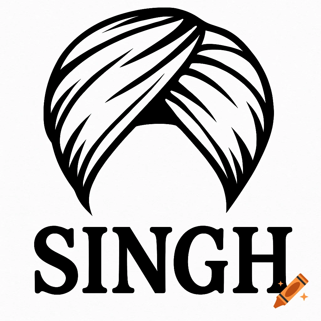 Black and white line drawing of a turban with the word SINGH below it.