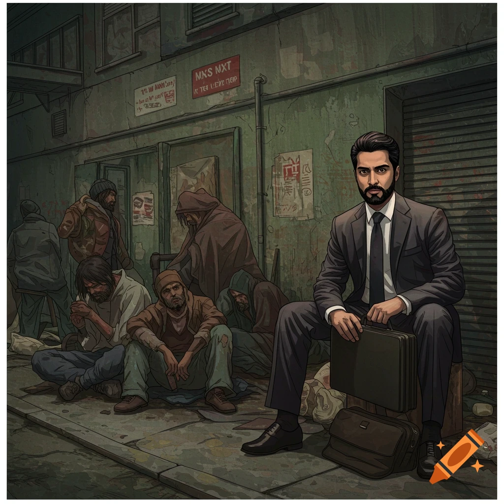 Illustration of a businessman sitting in a dirty alley surrounded by homeless people.