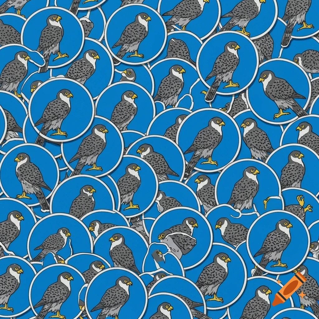 A dense pattern of circular stickers, each showing a stylized peregrine falcon on a blue background.