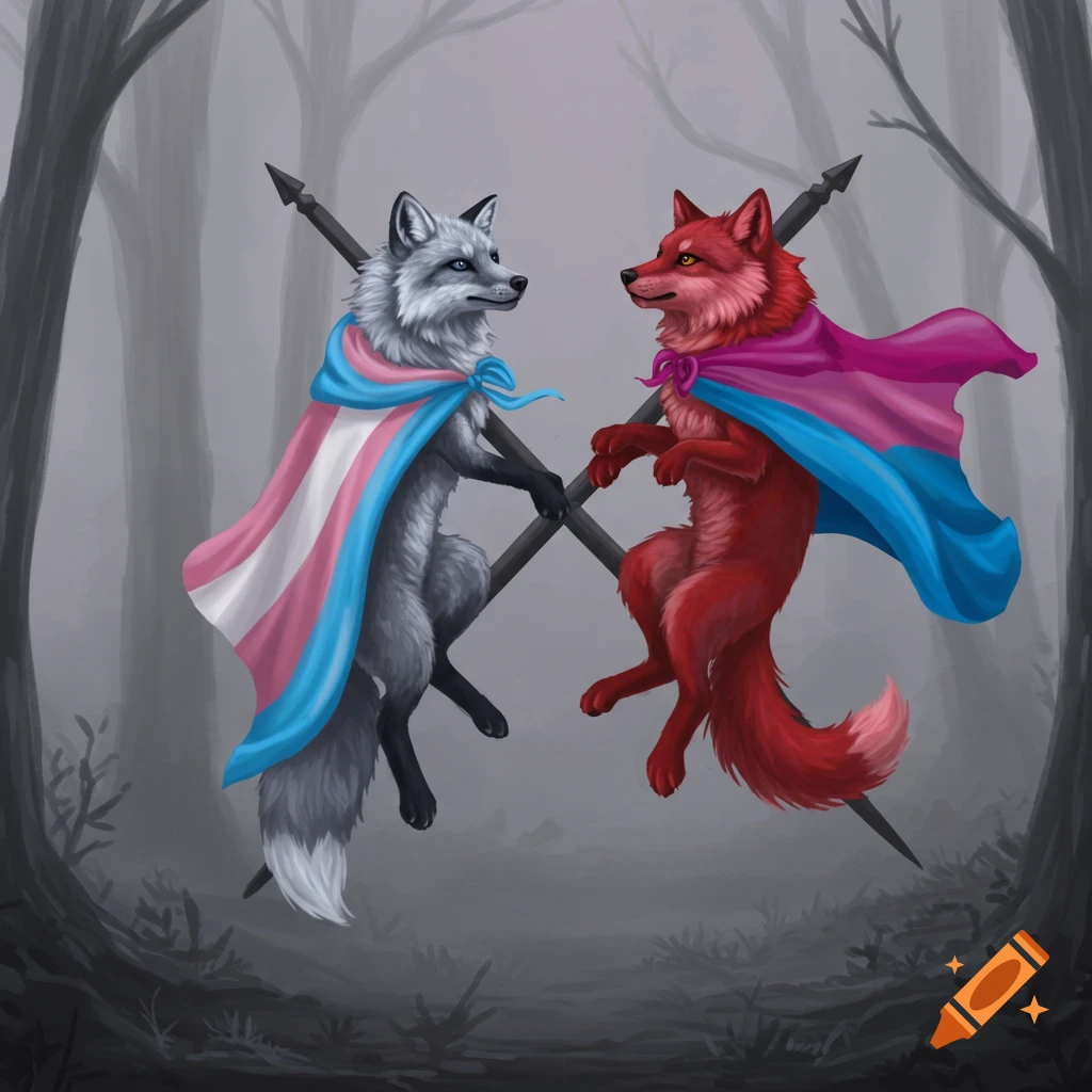 Two foxes, one silver with a transgender flag cape and one red with a bisexual flag cape, stand on crossed spears in a foggy forest.