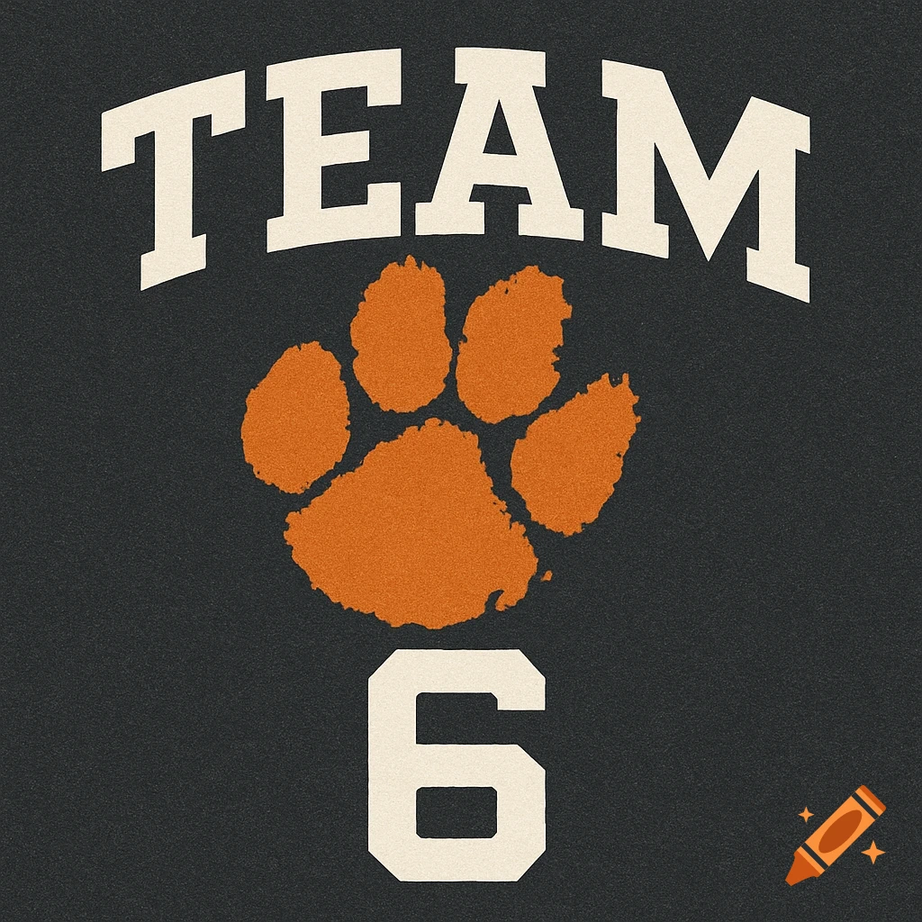 Team 6 logo with orange tiger paw on dark textured background.