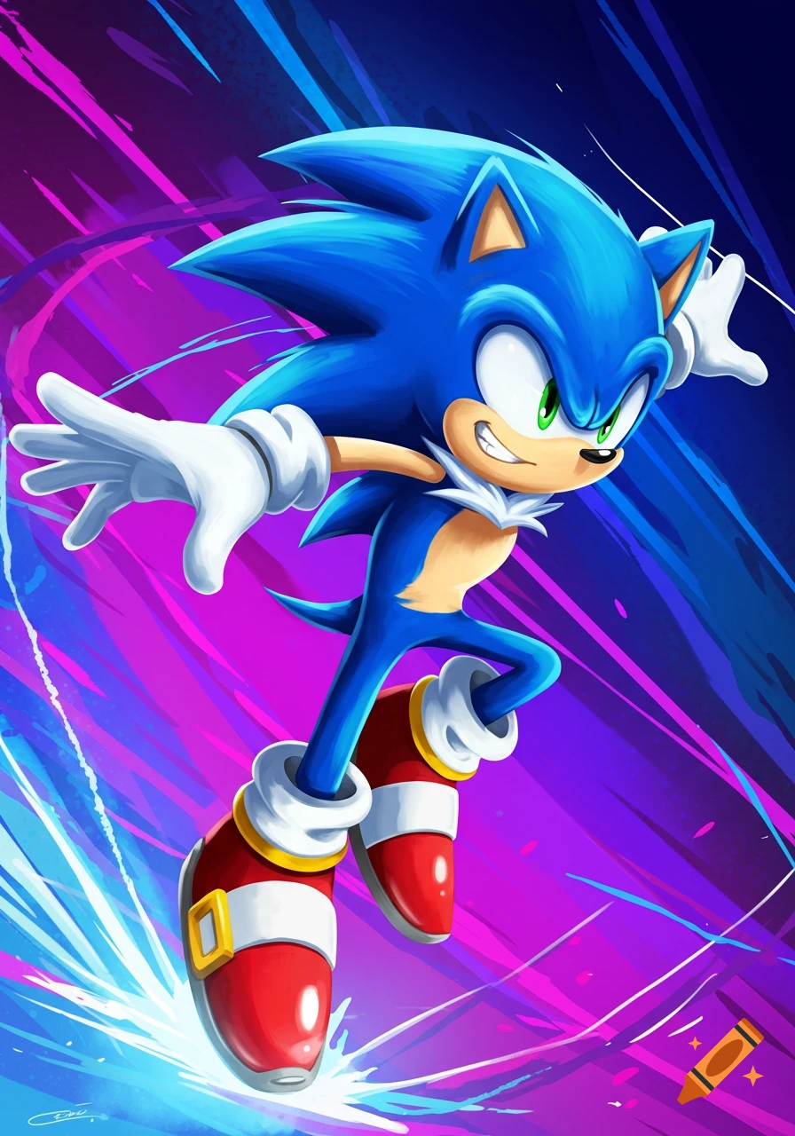 Blue video game character Sonic the Hedgehog in an action pose against a vibrant purple and blue background.