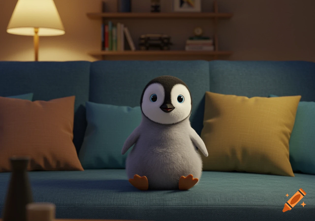 Animated baby penguin sits on a blue couch in a cozy living room with pillows and warm light.