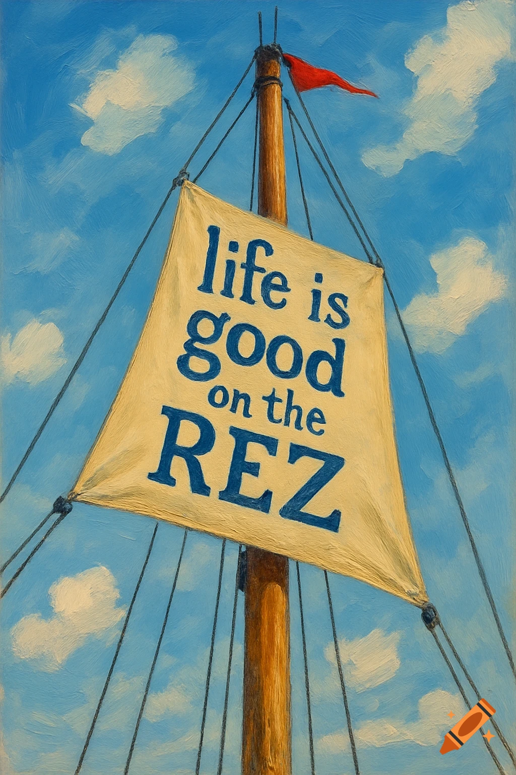 A sail on a sailboat mast displays the text 'life is good on the REZ' against a blue sky with clouds, in a painting style.