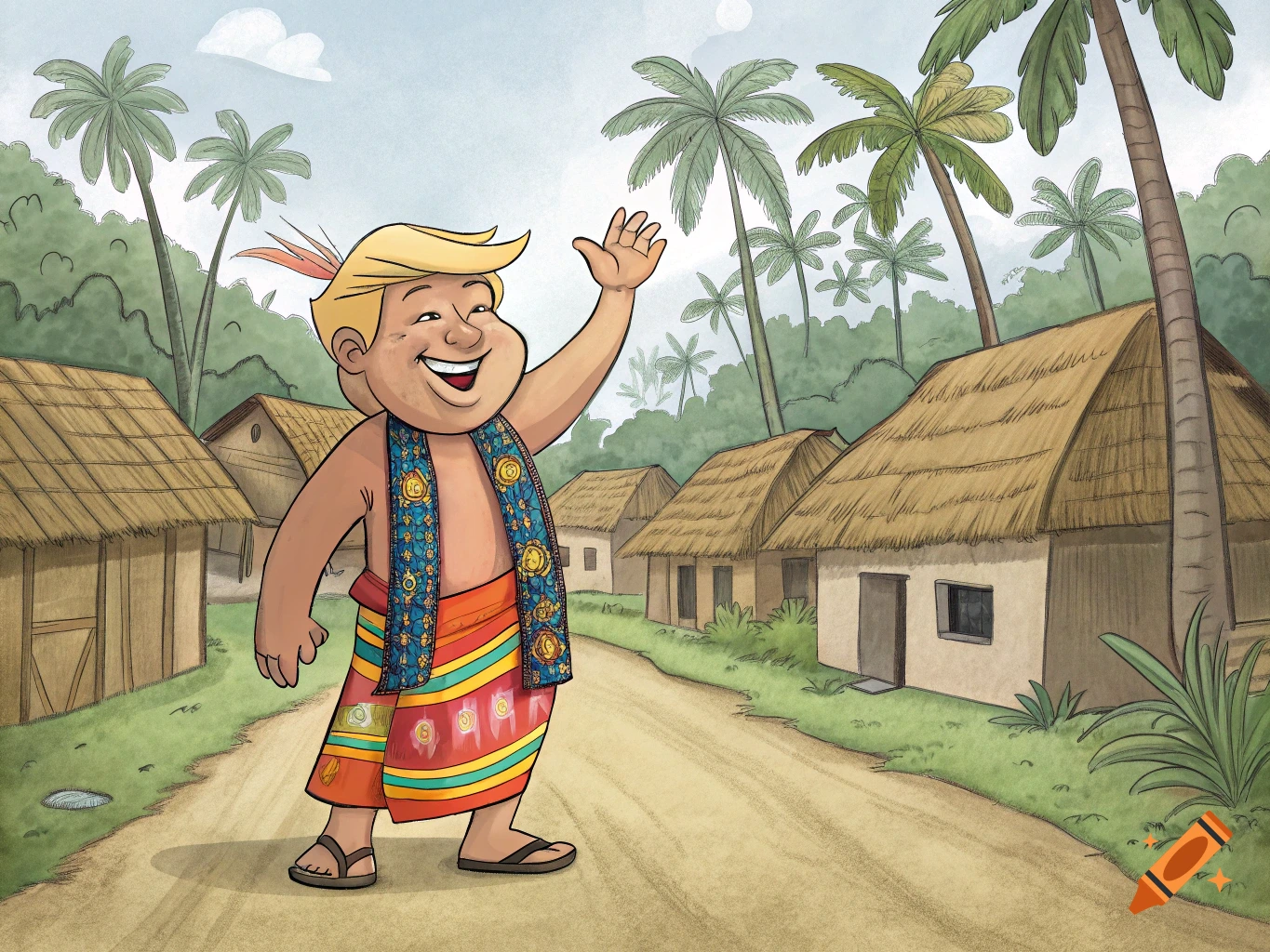 Cartoon person in colorful lungi waving on village road with huts and palm trees.