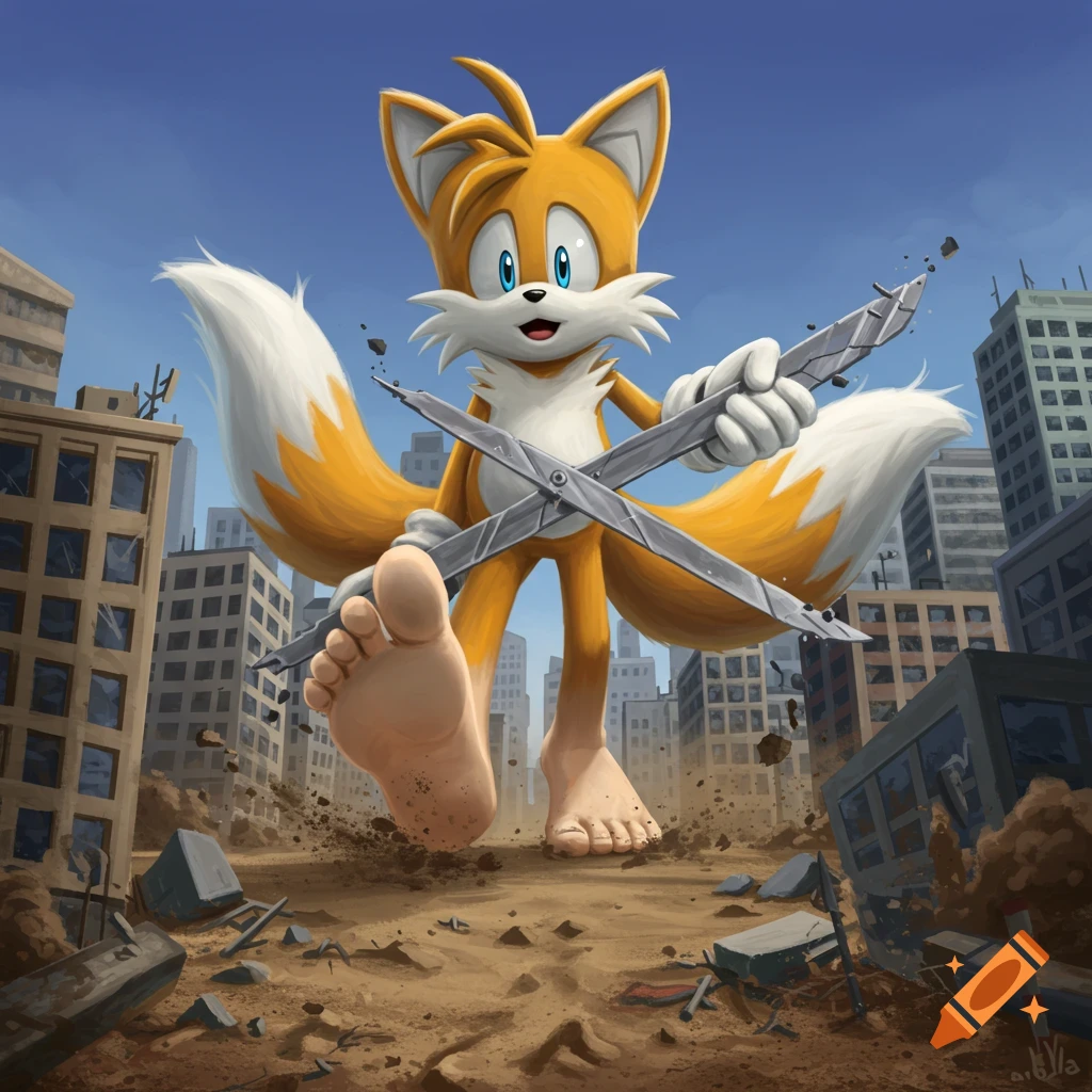 Giant barefoot Tails the Fox crushes buildings while walking through a ruined city.