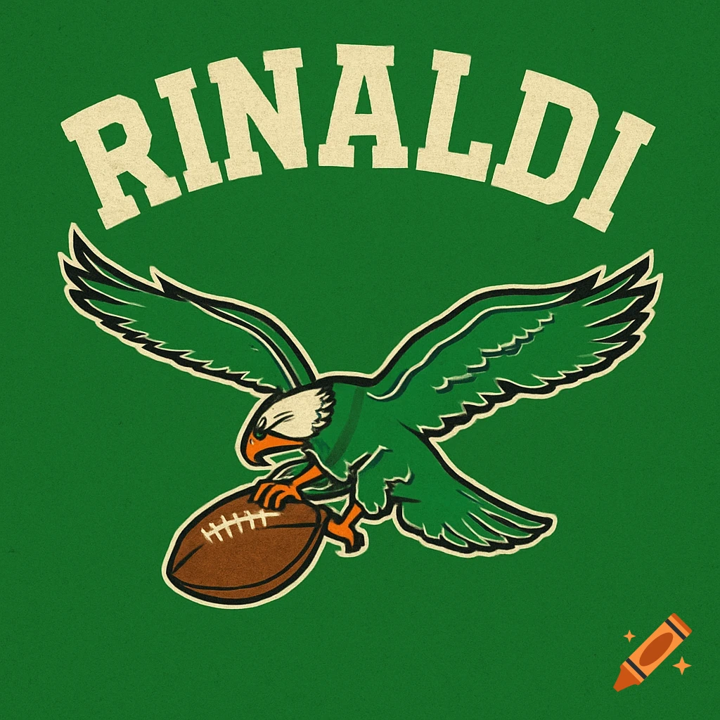 Retro sports logo of a green eagle holding a football with the name RINALDI above it.