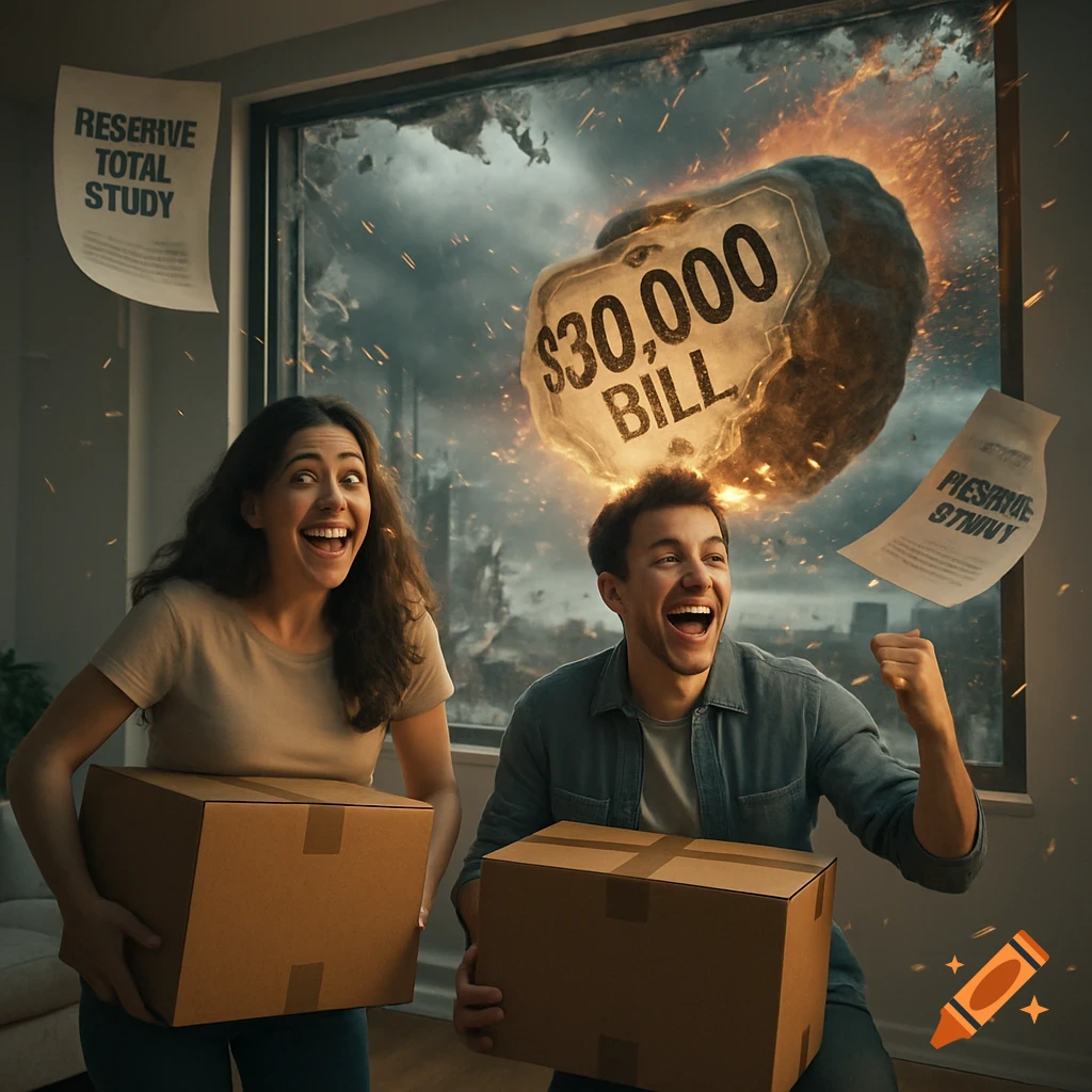 Happy couple with moving boxes cheer as a giant '$30,000 BILL' meteor crashes through their window, documents flying.