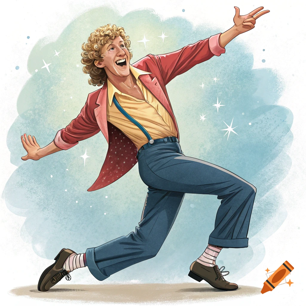Illustration of a man with curly hair wearing a red jacket and suspenders, dancing joyfully.