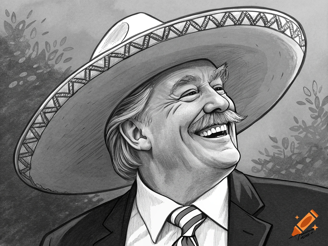 Black and white cartoon caricature of a smiling man wearing a sombrero and suit.