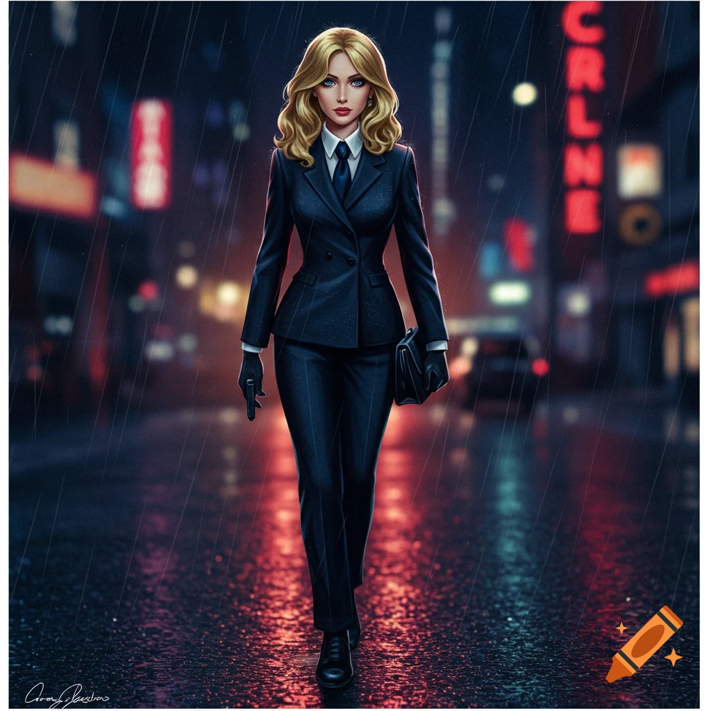 A blonde woman in a dark suit walks down a rainy city street at night, holding a gun and a briefcase.