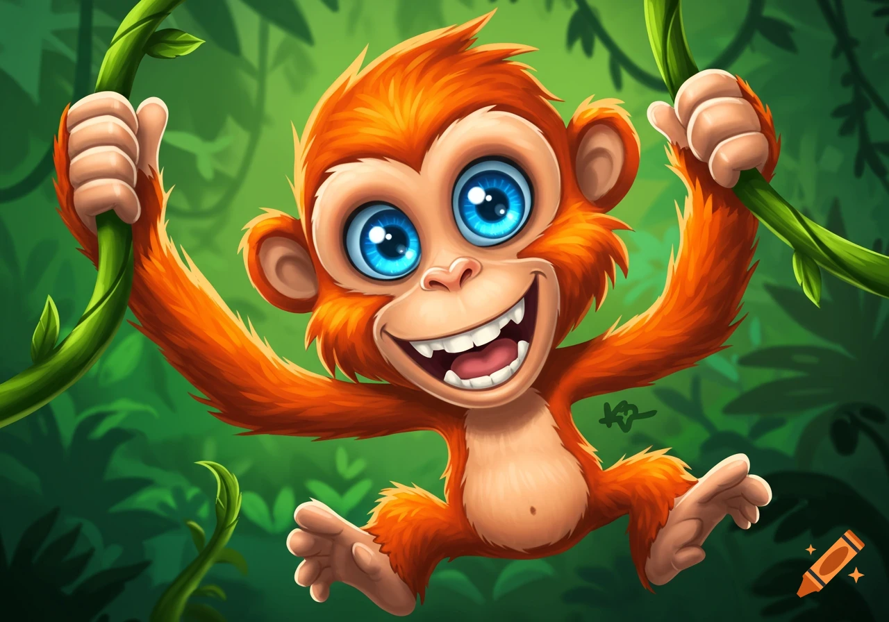 A cheerful cartoon monkey with big blue eyes swings from a vine in a jungle.