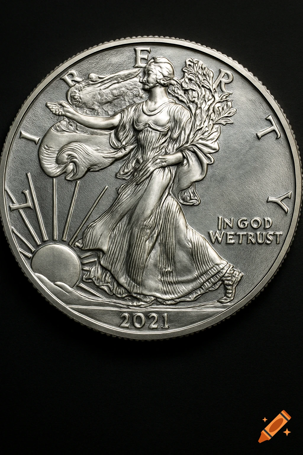 Close-up of a silver coin showing a walking figure and text.