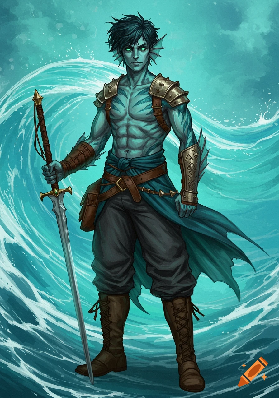 A fantasy character with blue-green skin and fish-like features stands in turbulent water, holding a sword.