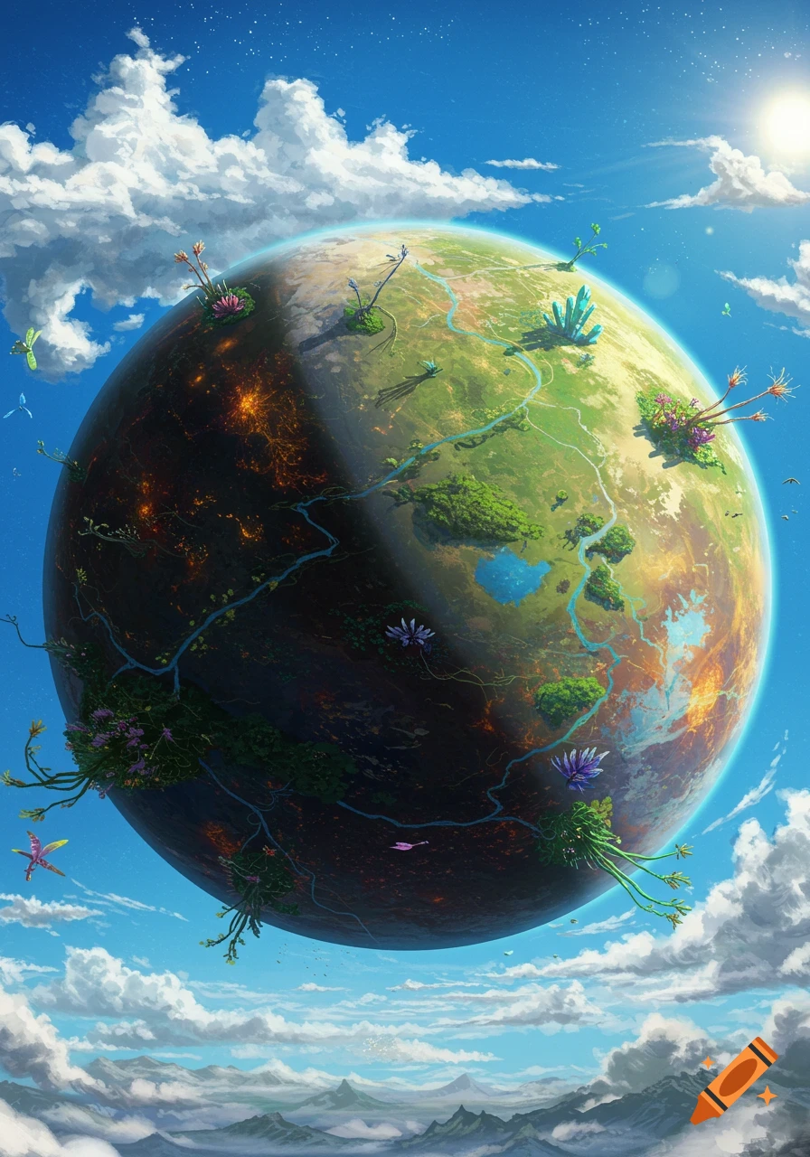 Stylized planet covered in diverse plant life and water, floating above mountains under a bright sky.