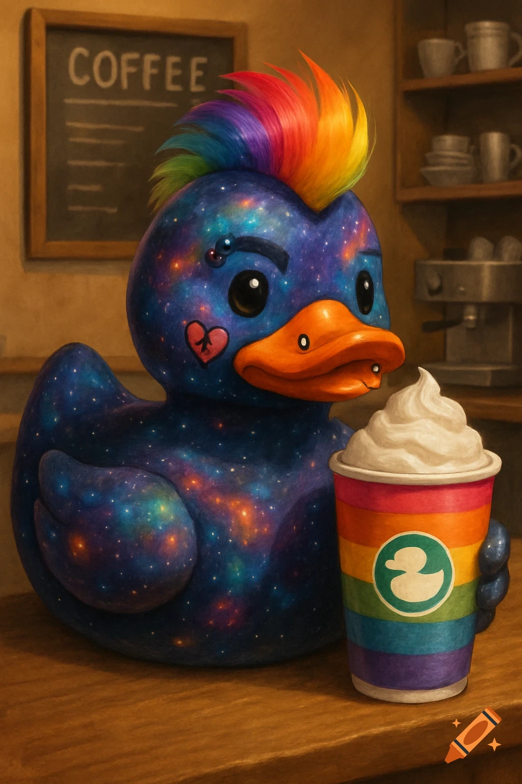 A galaxy rubber duck with a rainbow mohawk holds a rainbow coffee cup in a coffee shop.