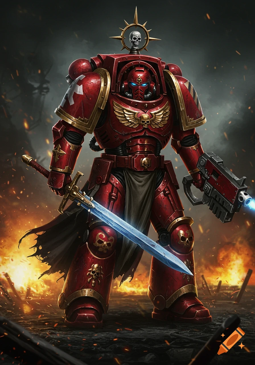 A detailed illustration of a red-armored Space Marine with a glowing sword and bolter standing in a fiery battlefield.
