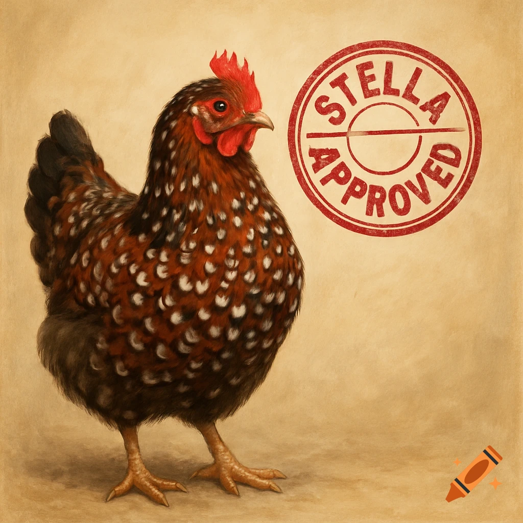 A speckled chicken next to a red stamp reading Stella Approved.