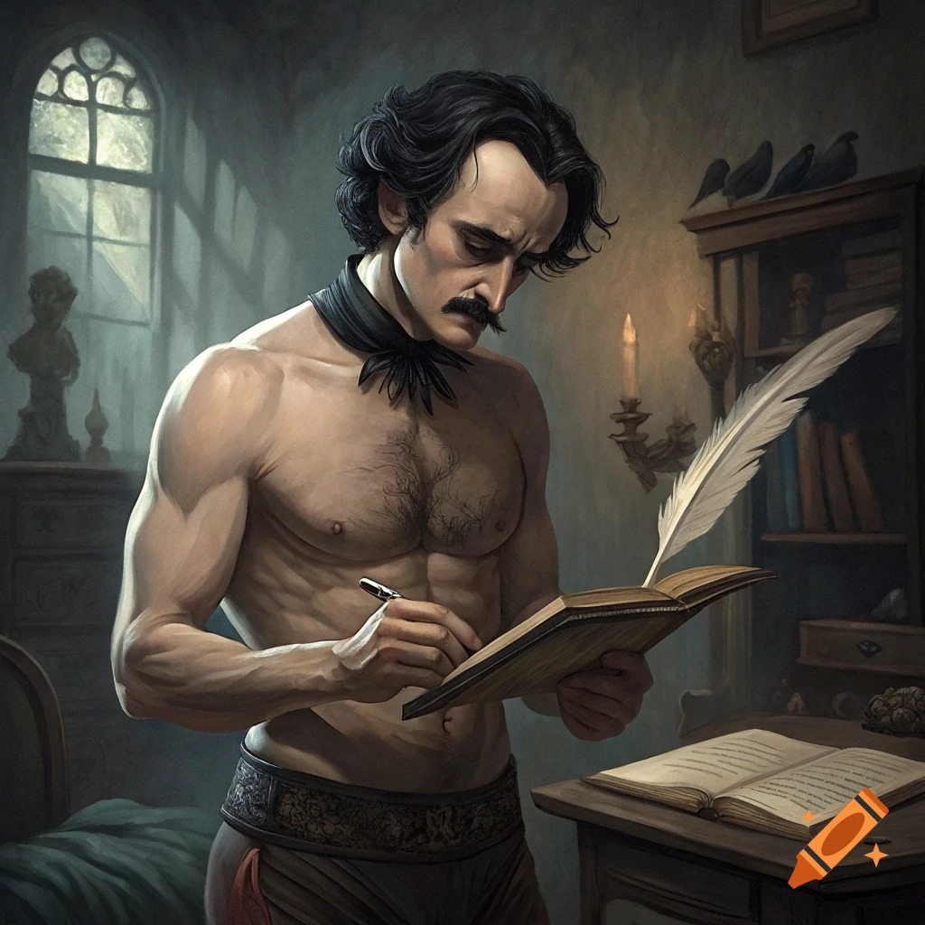 Edgar Allan Poe, shirtless with a six-pack, writes in a book with a quill in a dimly lit room.