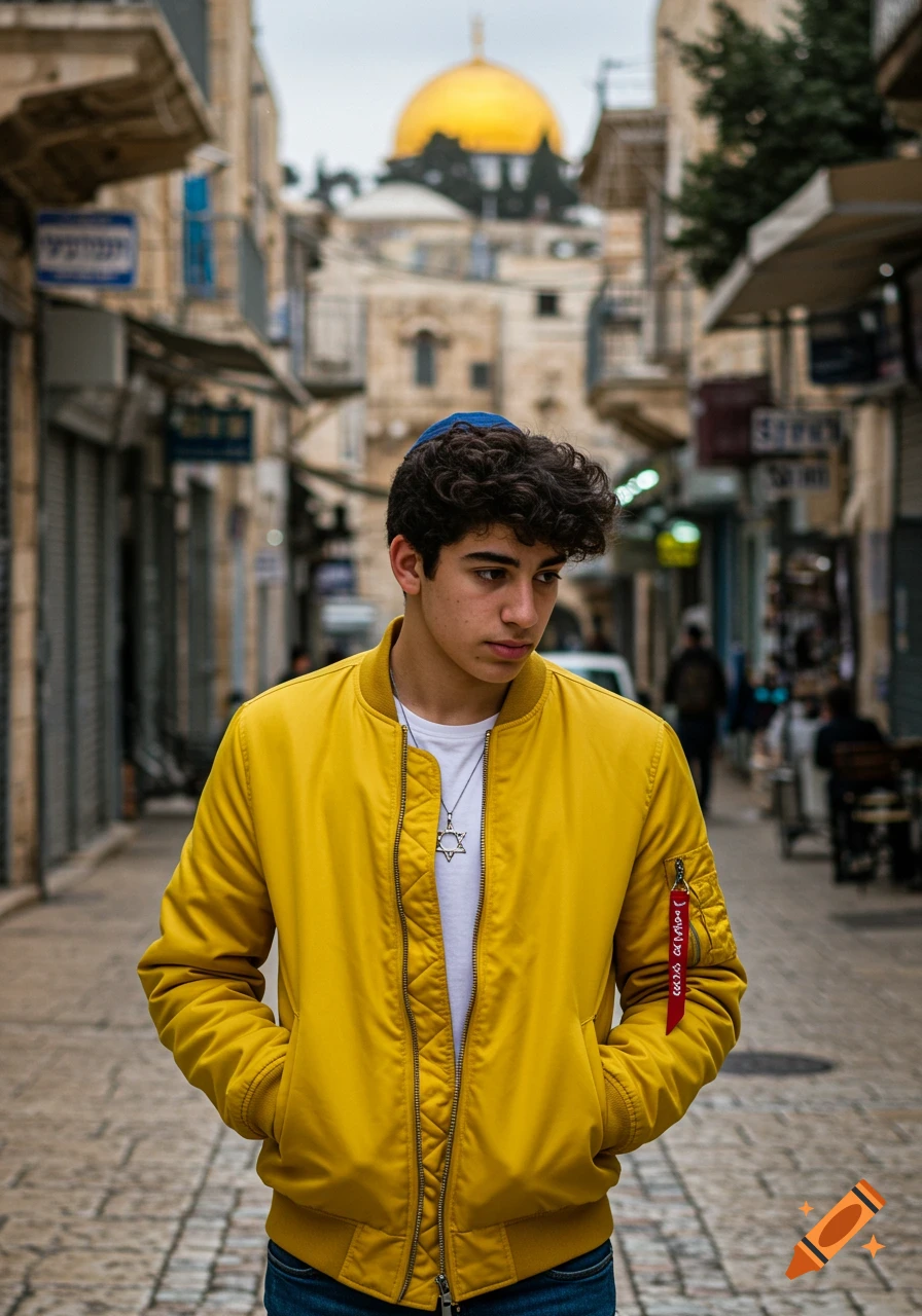 Young Jewish man in yellow jacket stands in a street with a kippah and Star of David pendant. Dome of the Rock in background.