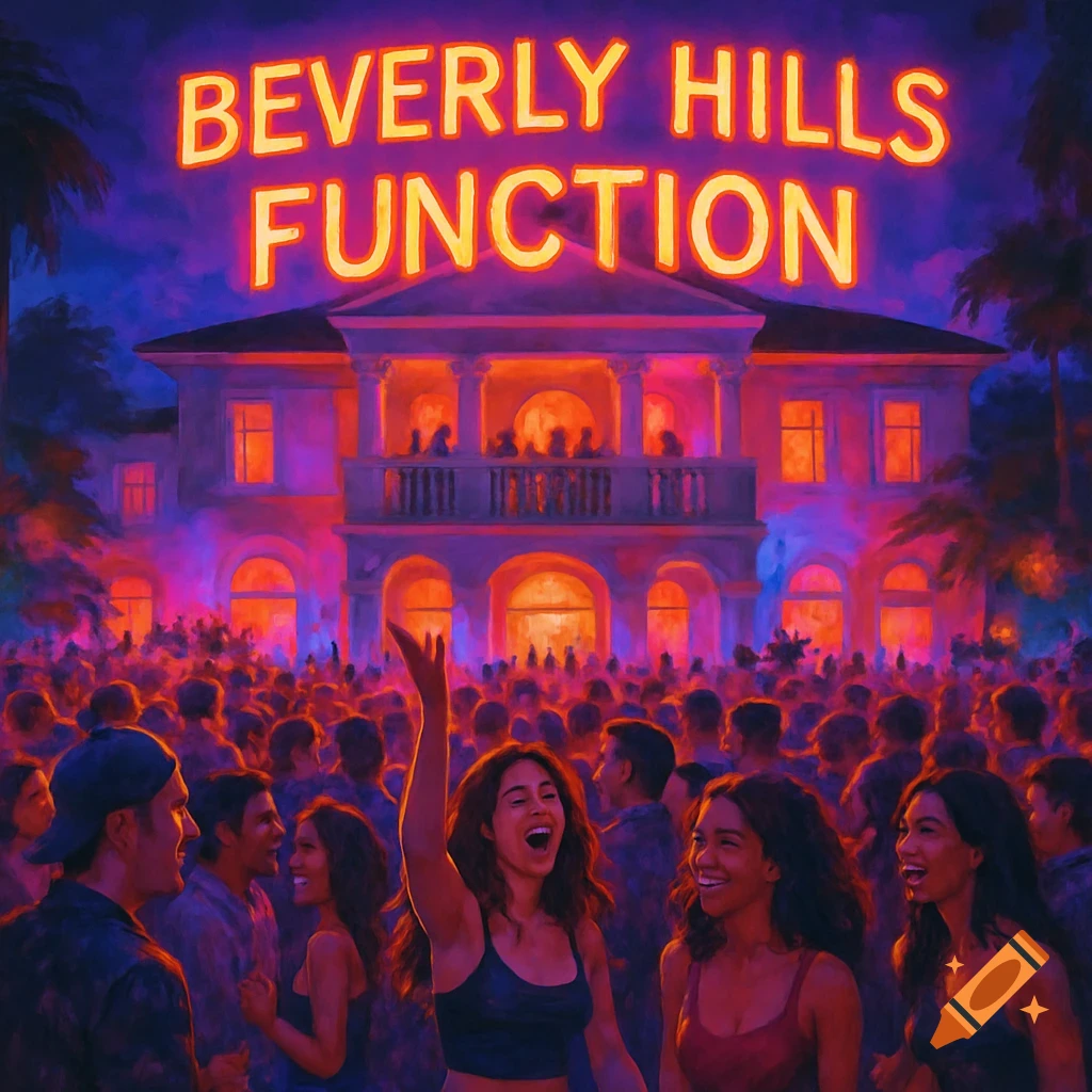A large crowd parties in front of a mansion with glowing neon text "BEVERLY HILLS FUNCTION" above it at night.