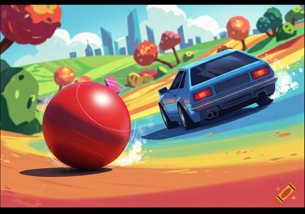 Cartoon red ball and blue car on a colorful rainbow road with city in background.