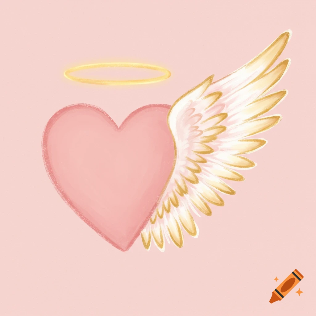 Pink heart with one angel wing and halo in a digital painting style.