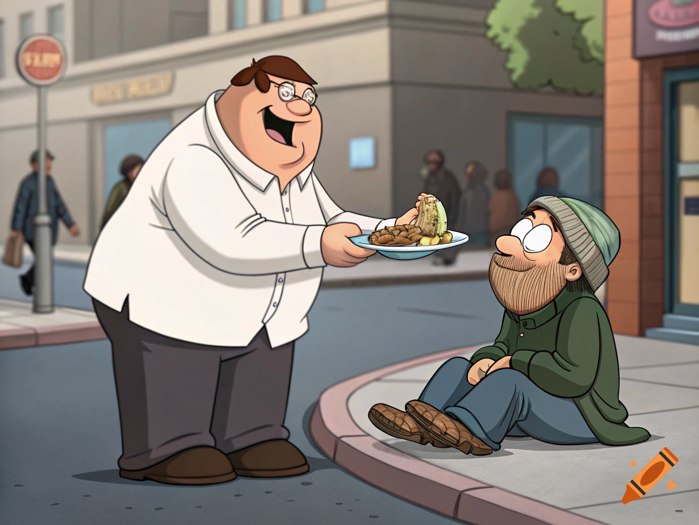 Peter Griffin gives food to a person on a street sidewalk in a cartoon style.
