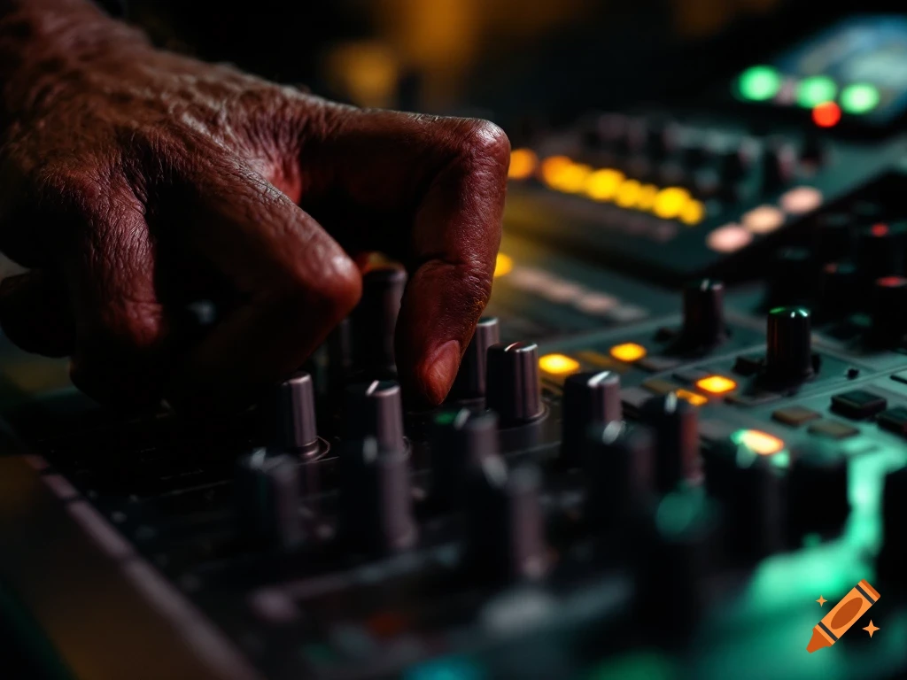 Close-up of a hand adjusting knobs on an audio mixing console.