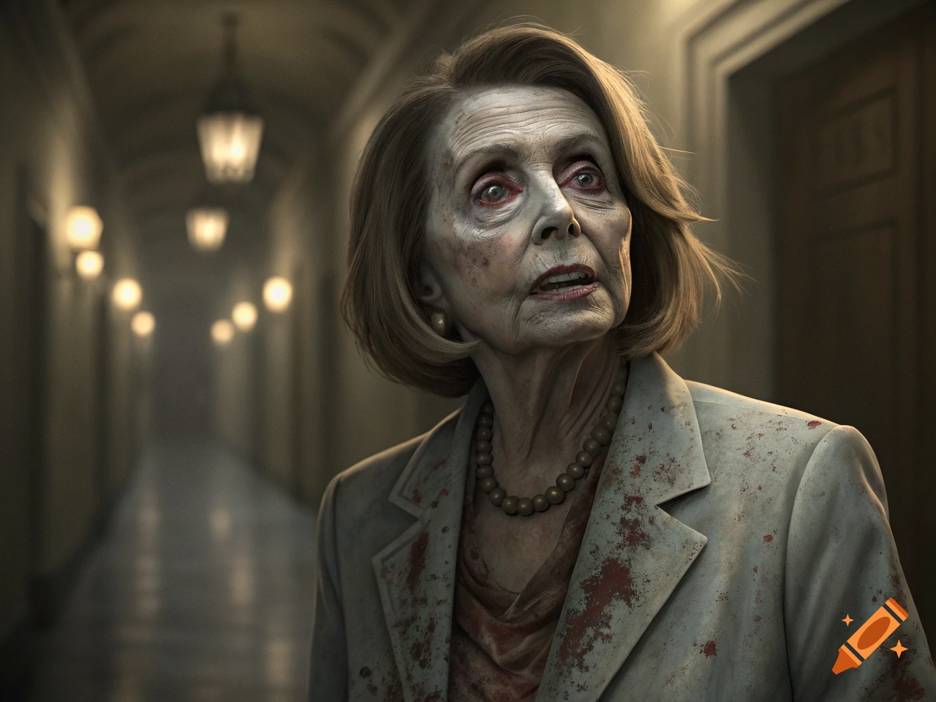 A photorealistic image of a zombie resembling Nancy Pelosi standing in a dimly lit hallway with bloodstains on her jacket.