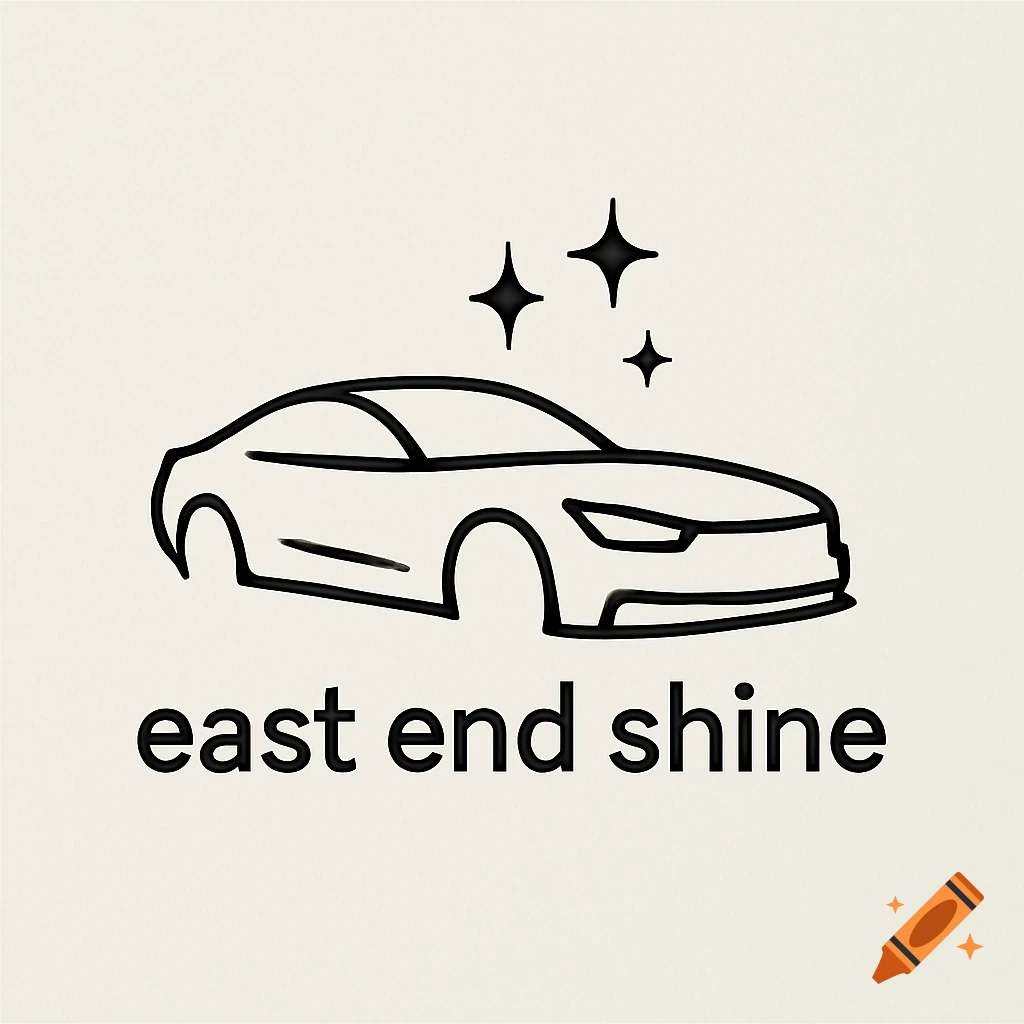 Minimalist line drawing logo of a car with sparkle effects and 'east end shine' text