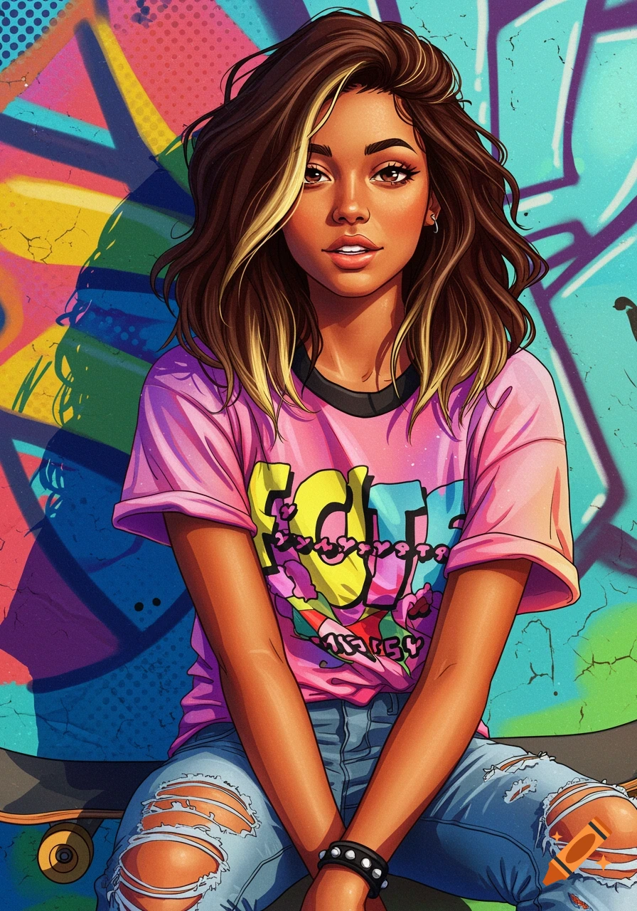 Stylized illustration of a teenage girl sitting on a skateboard in front of a graffiti wall.