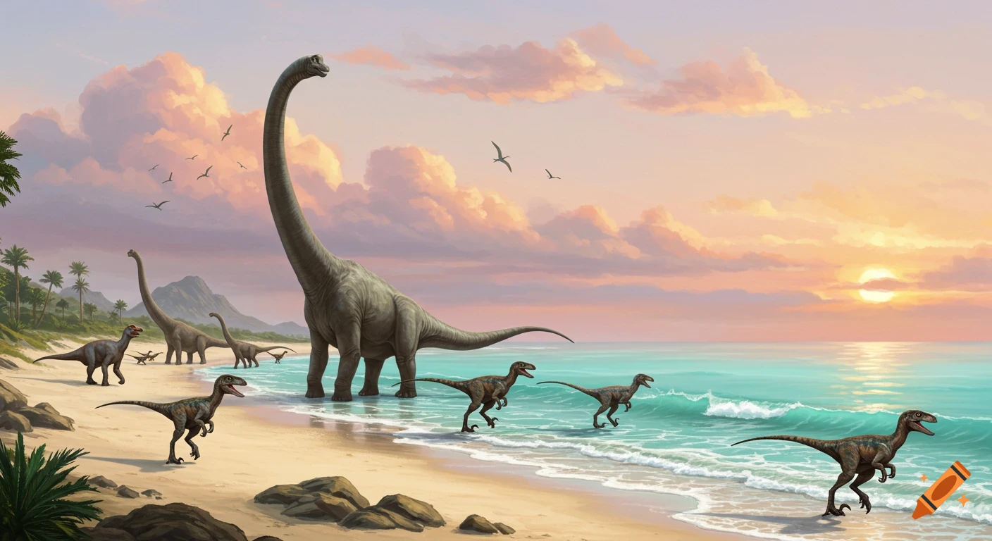 Dinosaurs, including a large brachiosaurus and raptors, walk along a beach at sunset in an illustration.