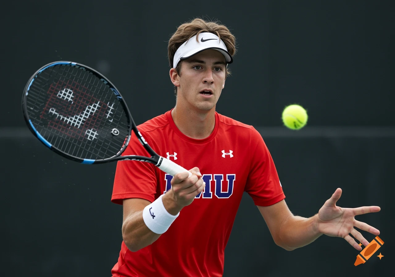 A young man in a red LMU shirt swings a tennis racket during a match.