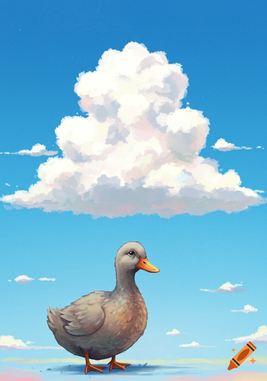 Illustrative image of a gray duck looking at a large cloud in a blue sky.