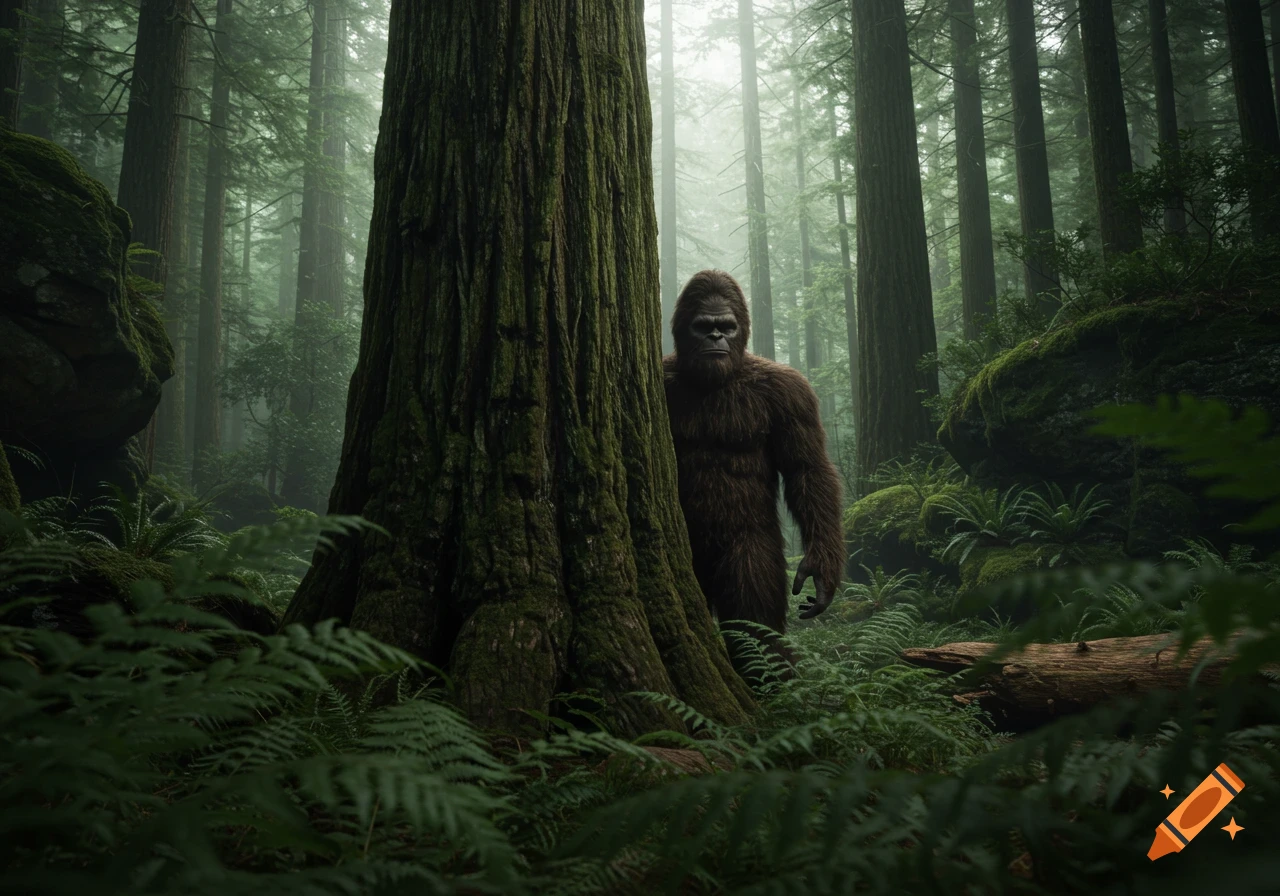 A photo of Bigfoot hiding behind a large tree in a misty forest.