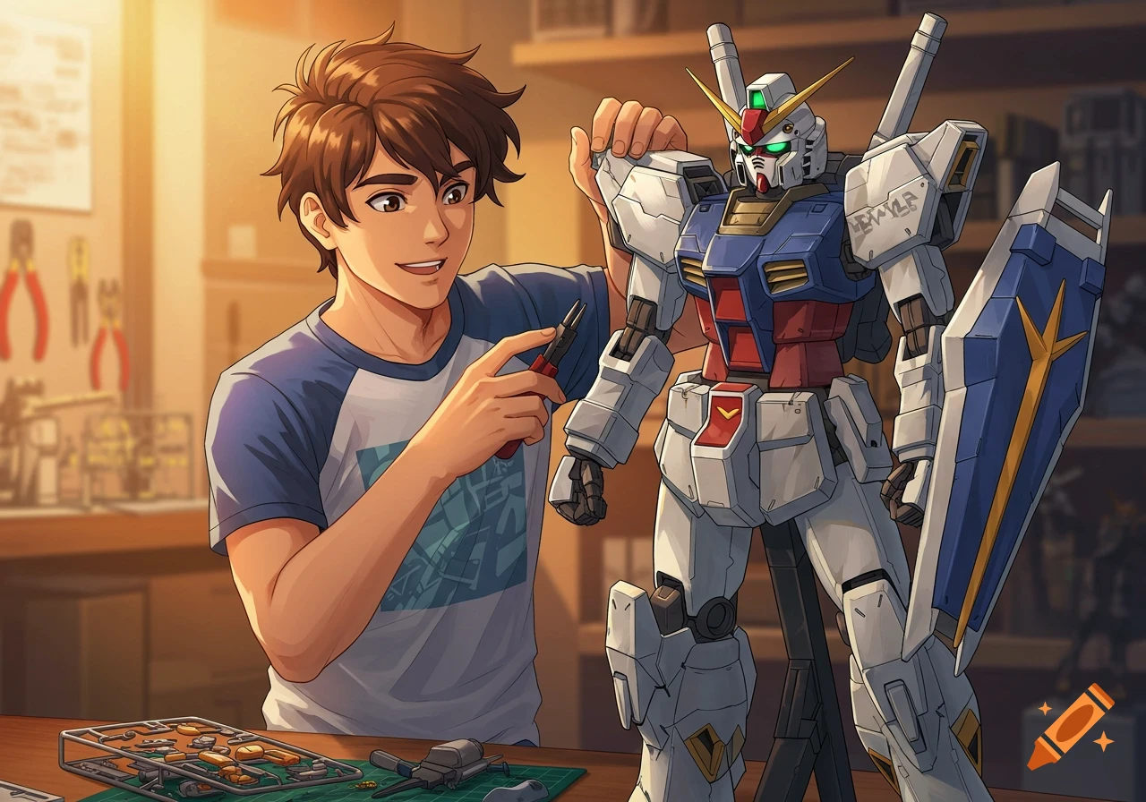 Anime style illustration of a young man assembling a white and blue model robot.