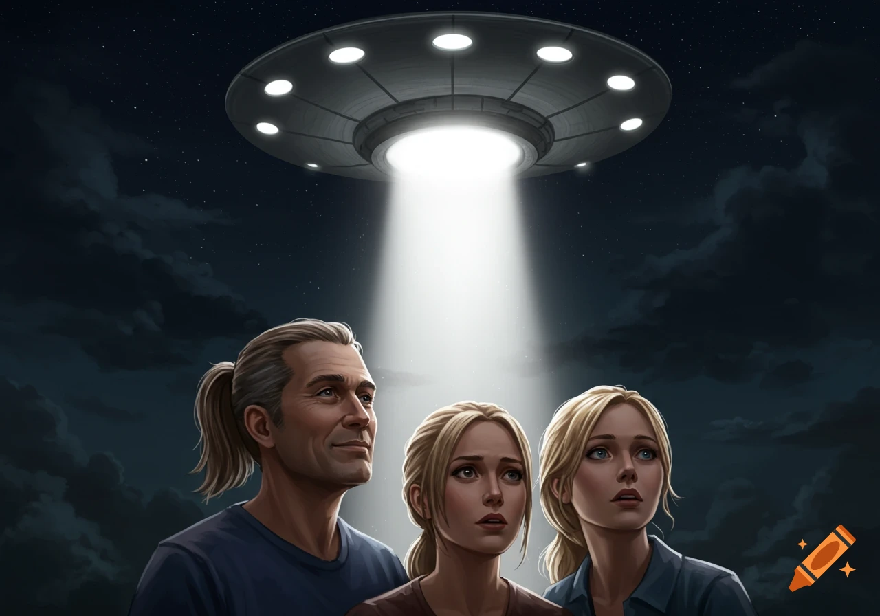 Three people look up at a UFO shining a light beam down from the night sky.