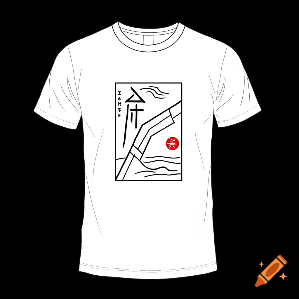 A white t-shirt with a minimalist black line drawing graphic of a landscape with water, abstract shapes, and stylized Japanese characters and a red symbol.