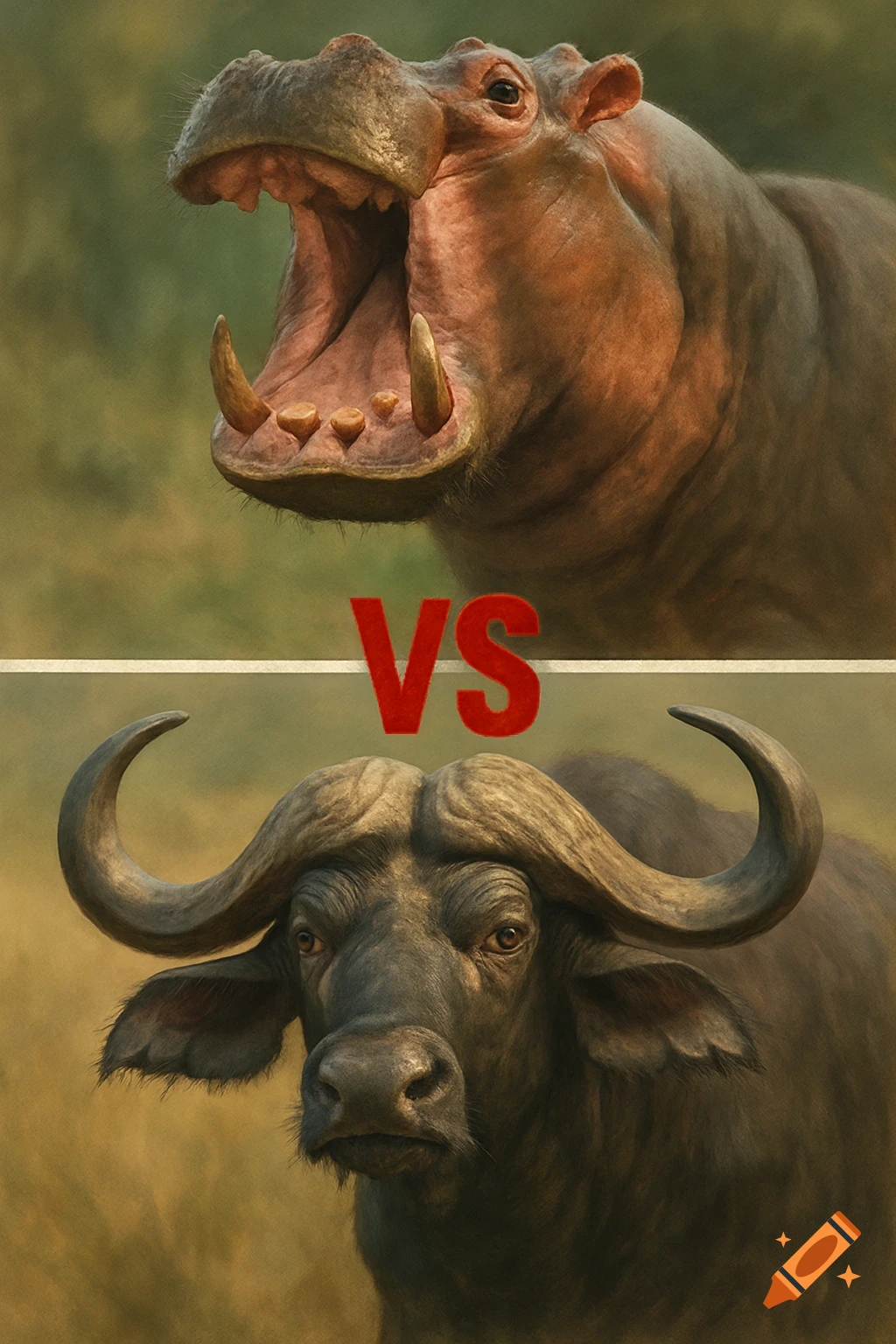 Head of a hippo with mouth open above head of a buffalo with large horns, separated by a line with red VS text.