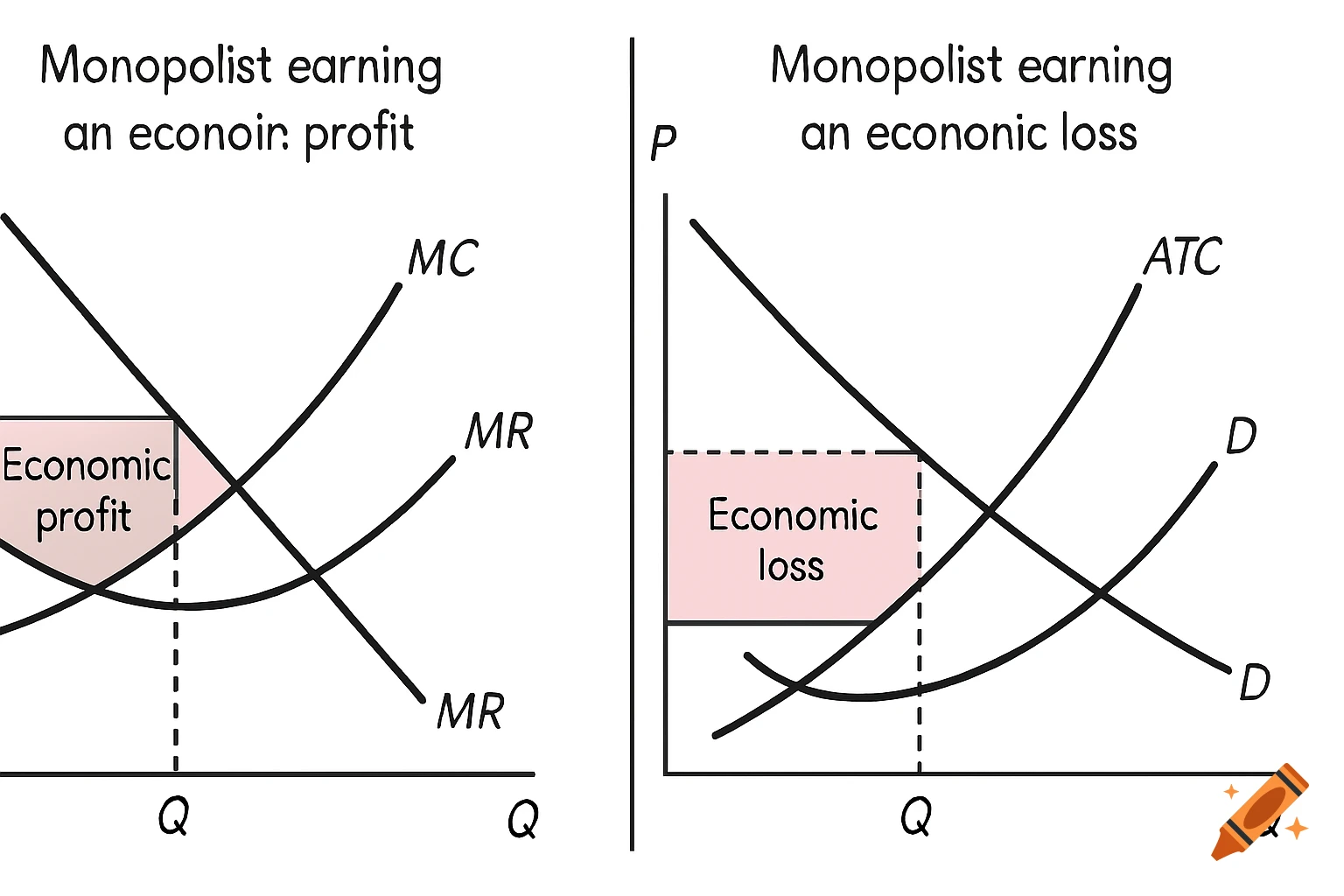 Two side-by-side economics graphs illustrating a monopolist earning economic profit and economic loss, showing demand, marginal revenue, marginal cost, and average total cost curves.