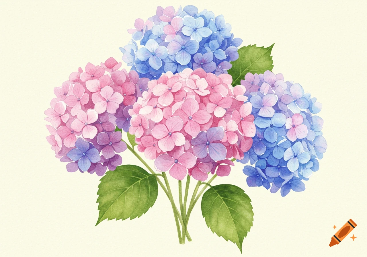 Watercolor bouquet of pink and blue hydrangeas