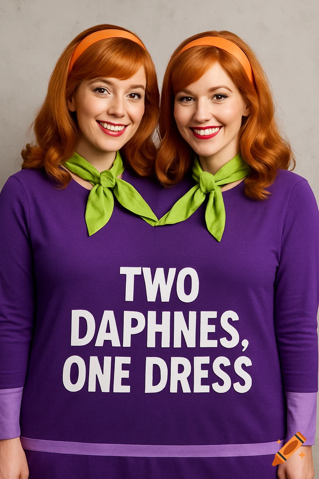 Two women in a novelty dress cosplaying as Daphne from Scooby Doo, the dress reads 'Two Daphnes, One Dress'.