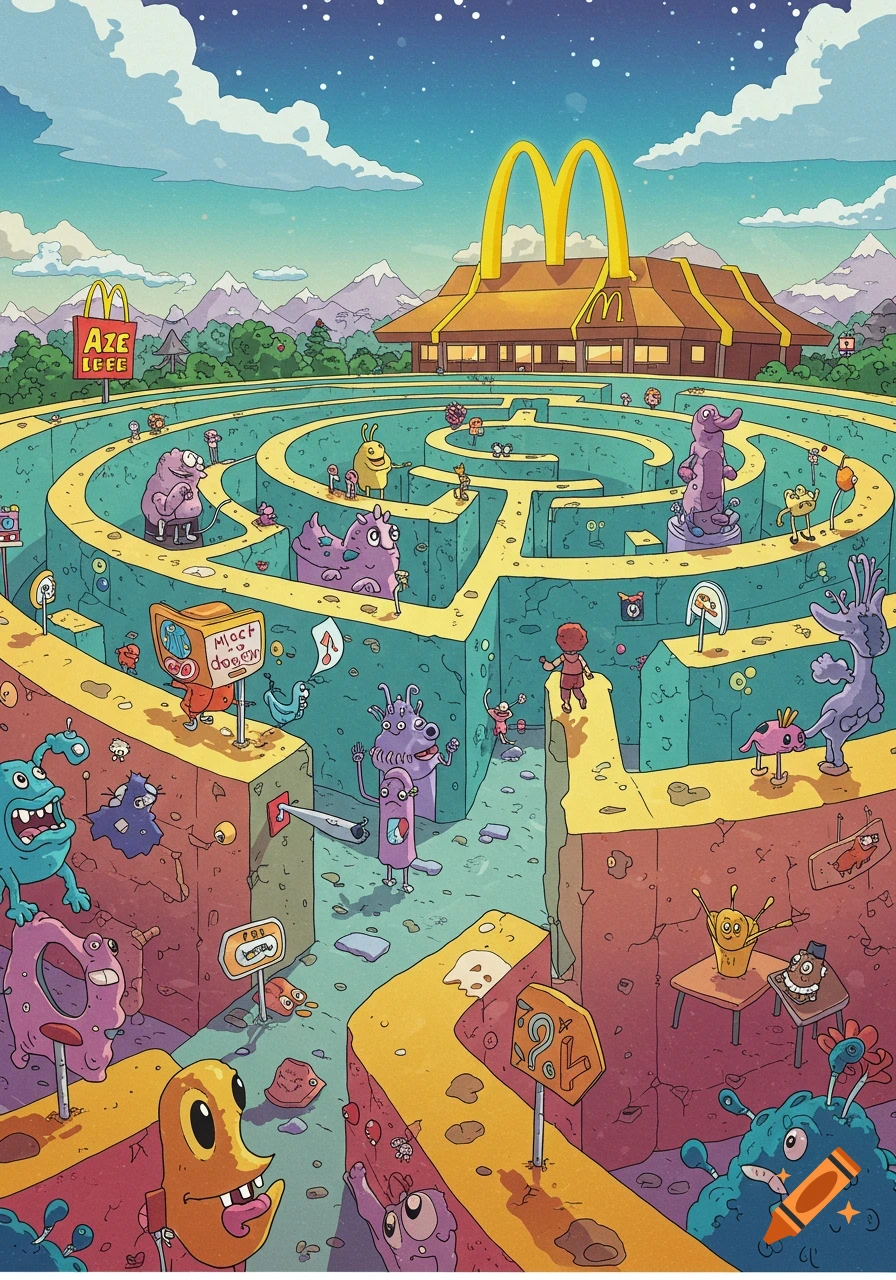 Cartoon illustration of colorful monsters navigating a maze leading to a McDonald's restaurant in a surreal landscape.