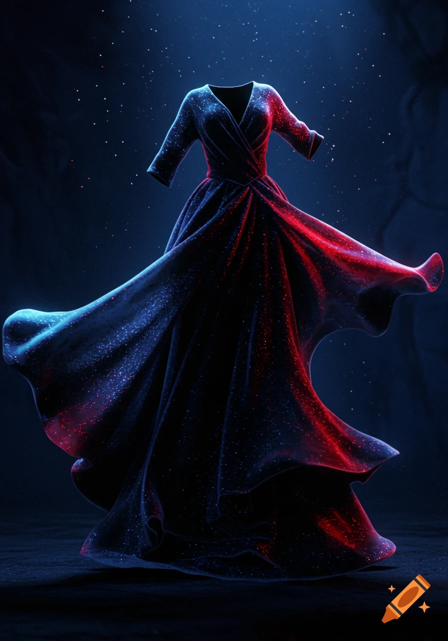 Floating dark glittery gown with blue and red light highlights against a starry dark background.