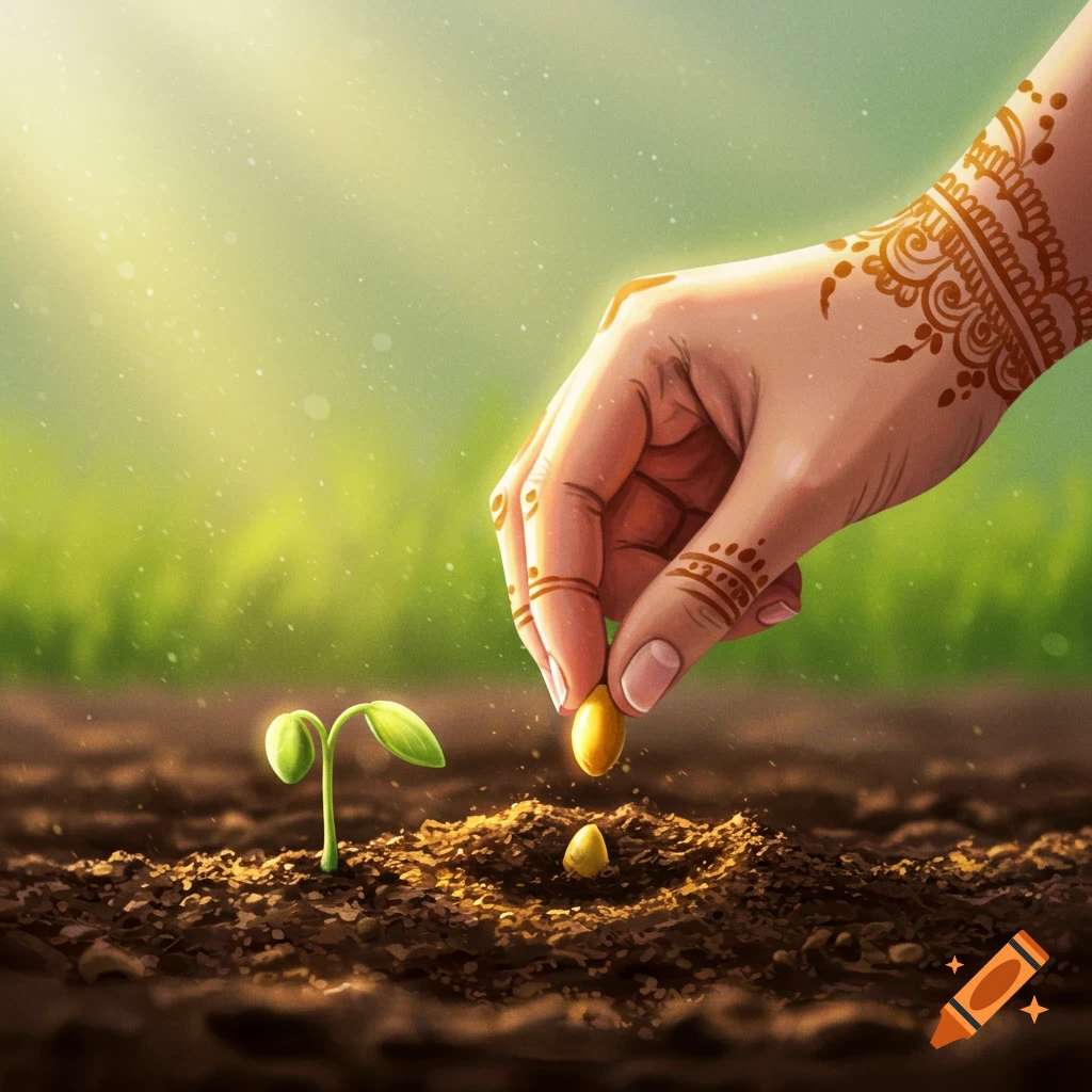 Illustration of a hand with intricate patterns gently planting a seed in soil next to a sprouting seedling, bathed in sunlight.