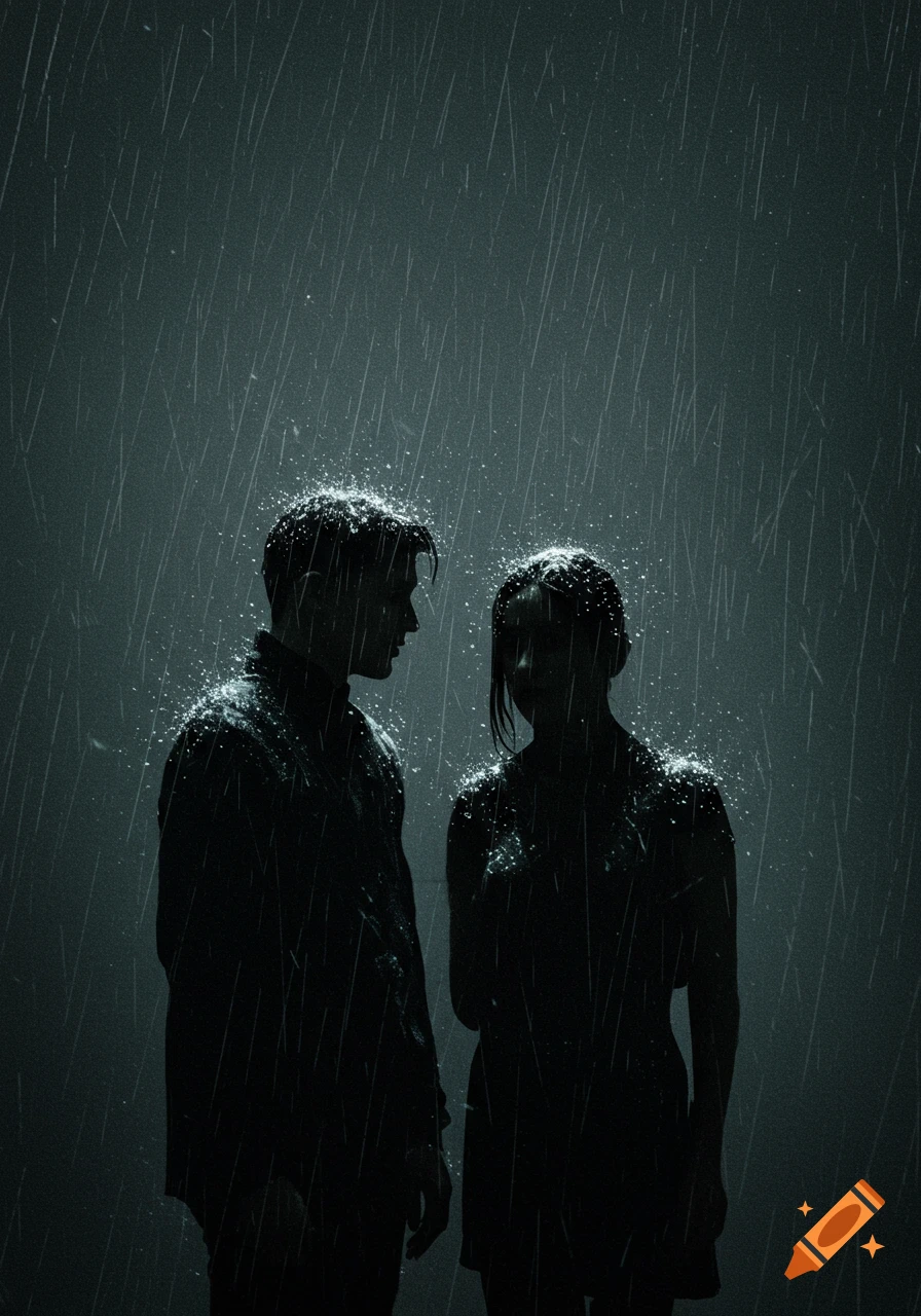 Silhouettes of two people standing in heavy rain.