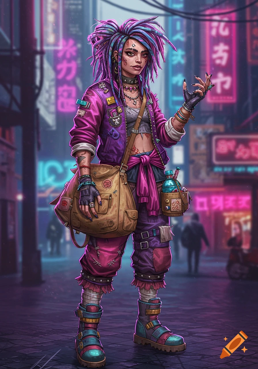 A vibrant cyberpunk character with colorful dreadlocks, a purple jacket, and a large bag stands in a neon-lit urban alley.