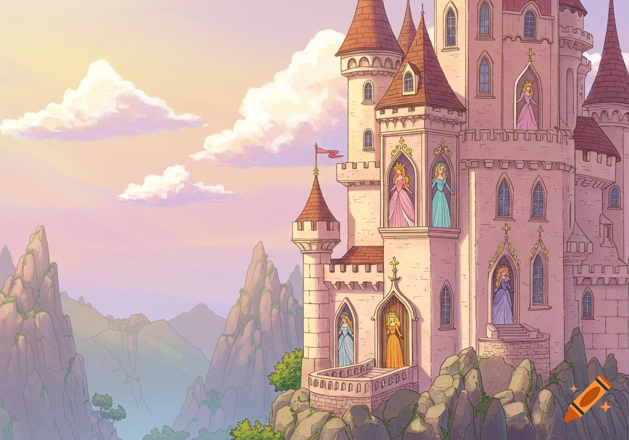 An illustration of a pink fairytale castle on a rocky mountain peak, with several princesses looking out from windows and balconies, against a pastel sky.