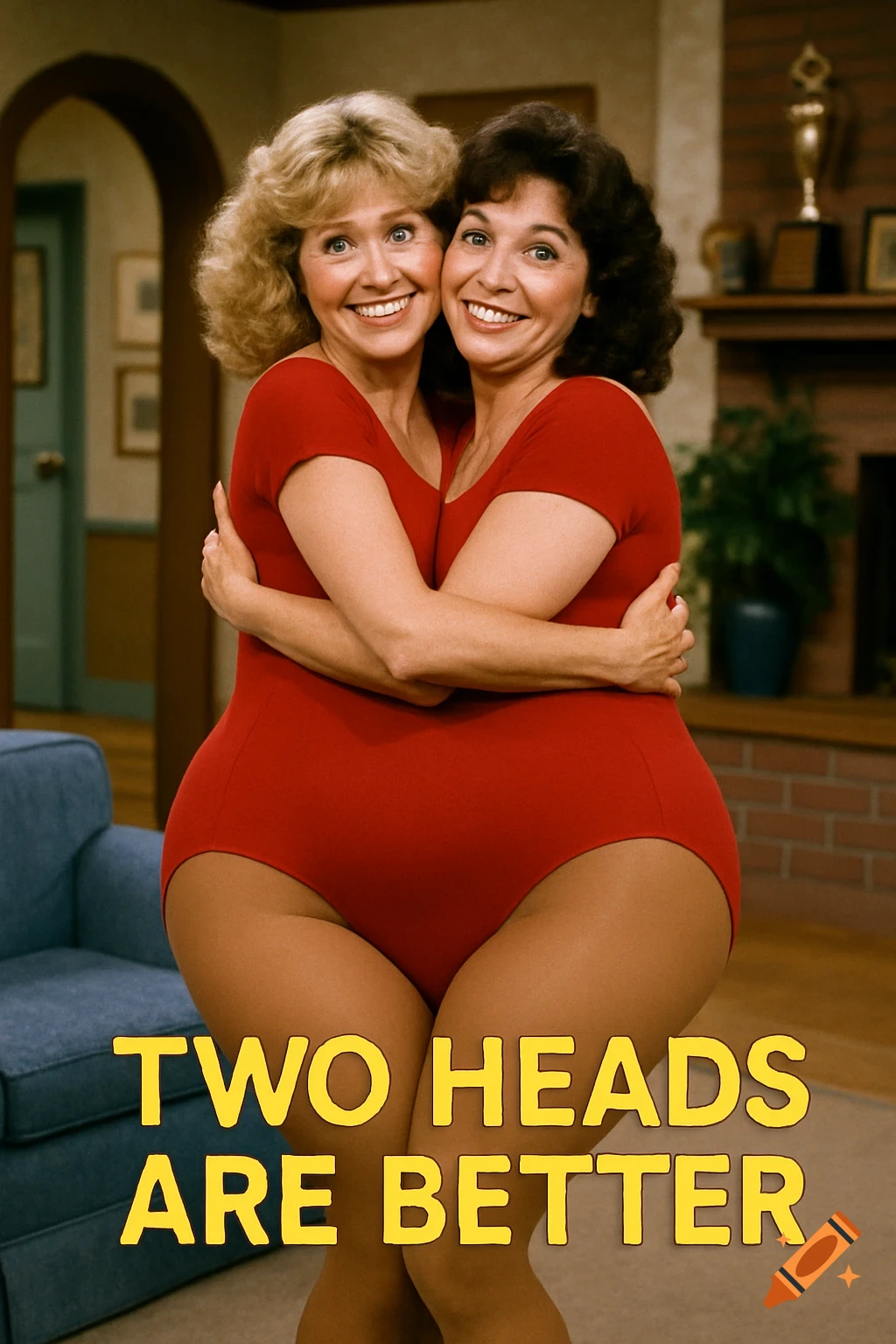 Two women in a red leotard hug, creating a two-headed illusion, with text 'TWO HEADS ARE BETTER' below.